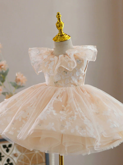 Champagne Puffy Flower Girl Dress – Princess Tulle Ball Gown for Parties & Weddings