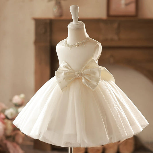 Champagne Princess Tea Length Satin Flower Girl Dress with Bow and Sequins