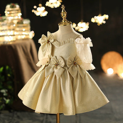 Knee Length Champagne Puffy Flower Girl Dress with Bow & Ruffles - Ball Gown for Kids