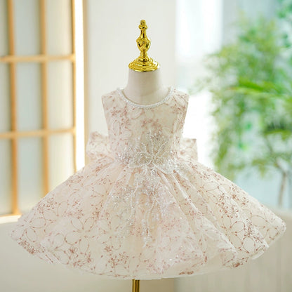 Champagne Puffy Flower Girl Dress – Sequins, Bows & Ruffles | Kids Party Gown