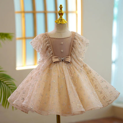 Champagne Puffy Mesh Flower Girl Dress with Bow, Sequins & Ruffles | Cute Kids Party Gown