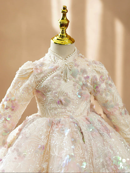 Champagne Sequin Flower Girl Dress Puffy Ball Gown | Tea Length Kids Party Dress
