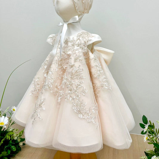 Champagne Sequin Bow Toddler Party Dress – Tea Length A-Line Girl’s Outfit