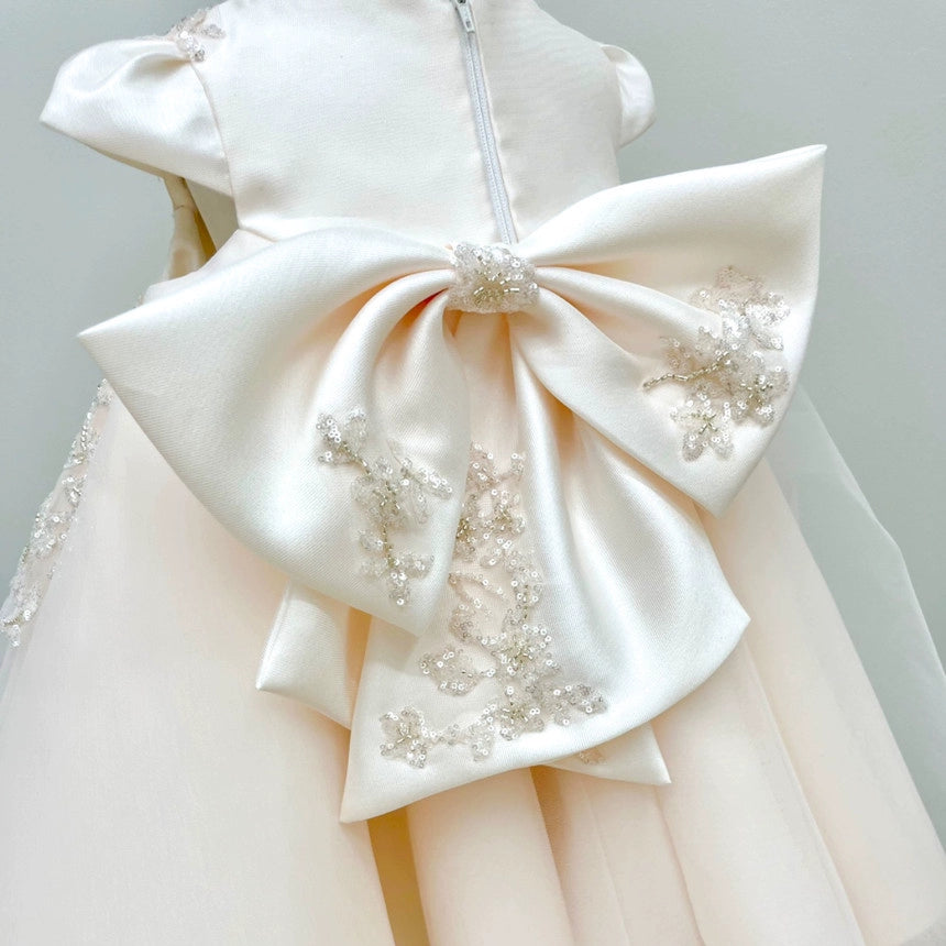 Champagne Sequin Bow Toddler Party Dress – Tea Length A-Line Girl’s Outfit