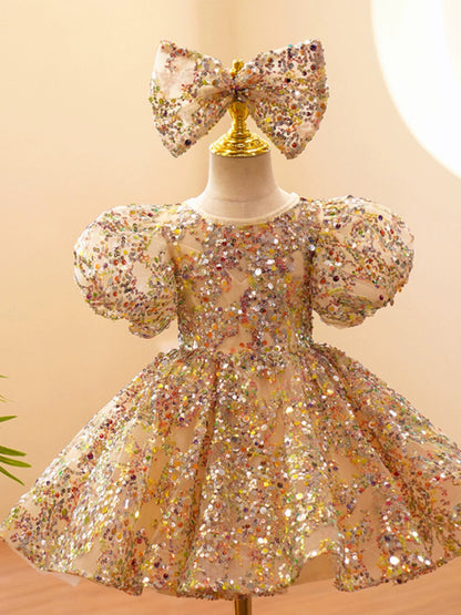 Champagne Sequin Princess Ball Gown Dress for Flower Girls – Knee Length
