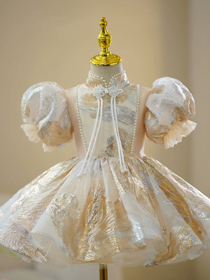 Champagne Princess Flower Girl Dress with Sequins & Ruffles