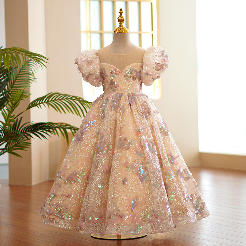 Champagne Sequin Flower Girl Dress – Elegant Maxi A-Line for Special Occasions
