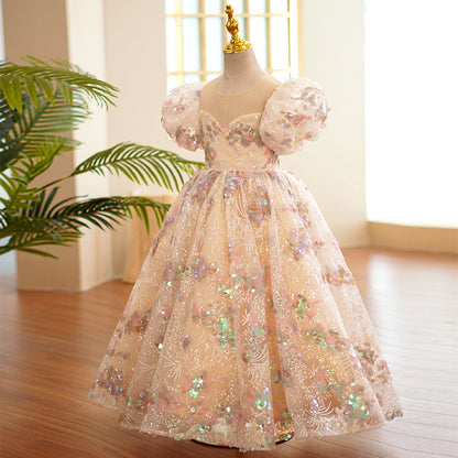 Champagne Sequin Flower Girl Dress – Elegant Maxi A-Line for Special Occasions