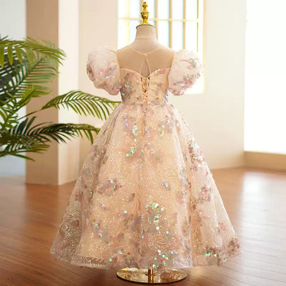 Champagne Sequin Flower Girl Dress – Elegant Maxi A-Line for Special Occasions