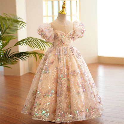 Champagne Sequin Flower Girl Dress – Elegant Maxi A-Line for Special Occasions