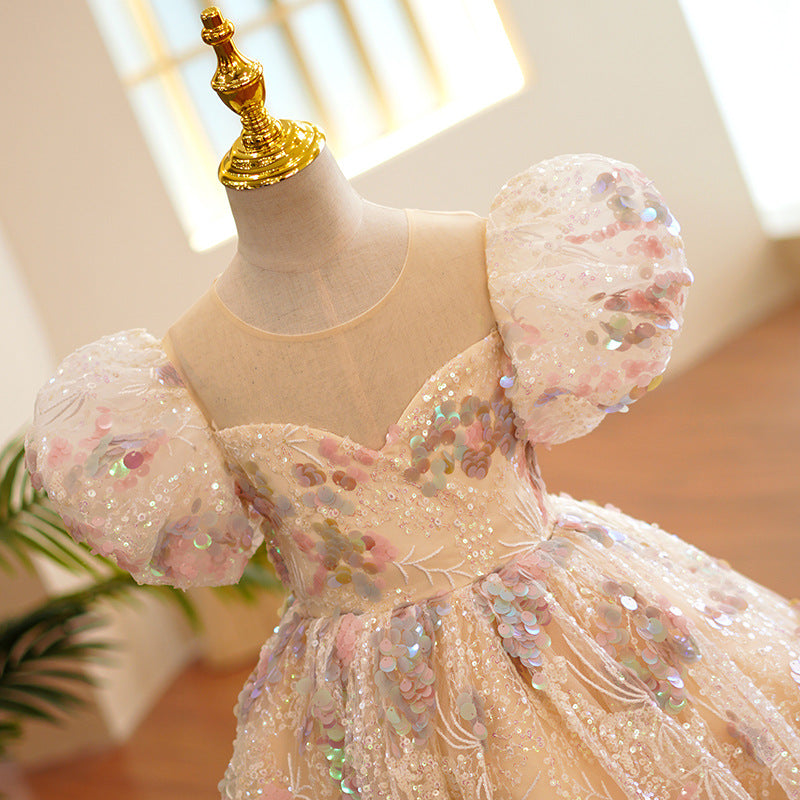 Champagne Sequin Flower Girl Dress – Elegant Maxi A-Line for Special Occasions