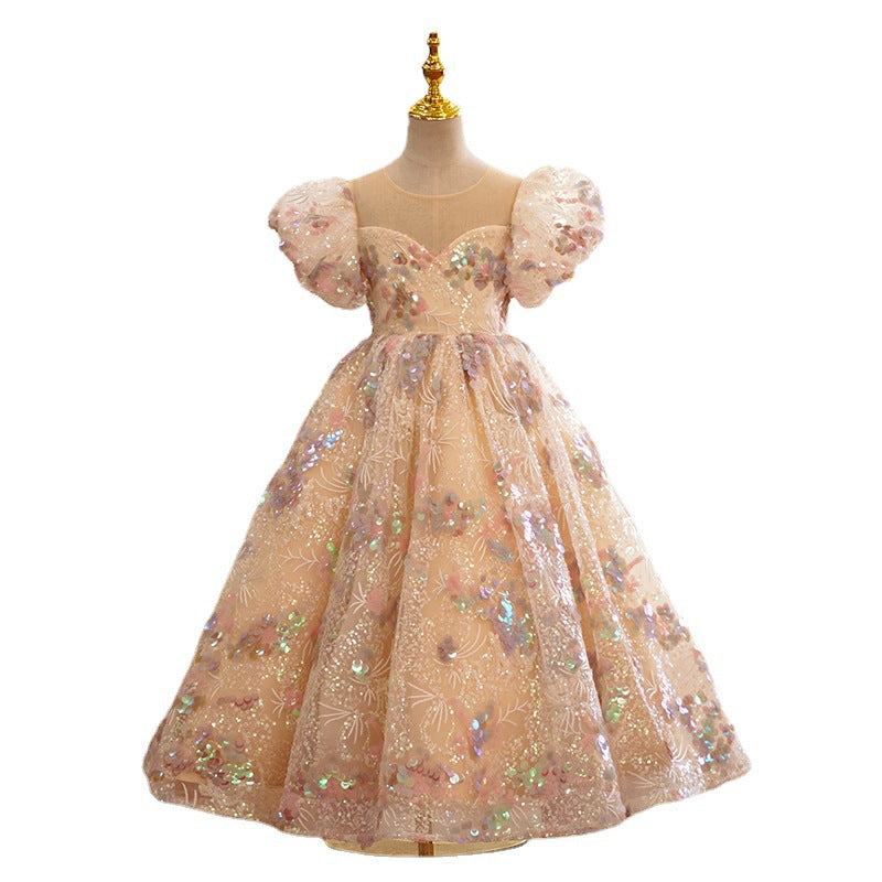 Champagne Sequin Flower Girl Dress – Elegant Maxi A-Line for Special Occasions