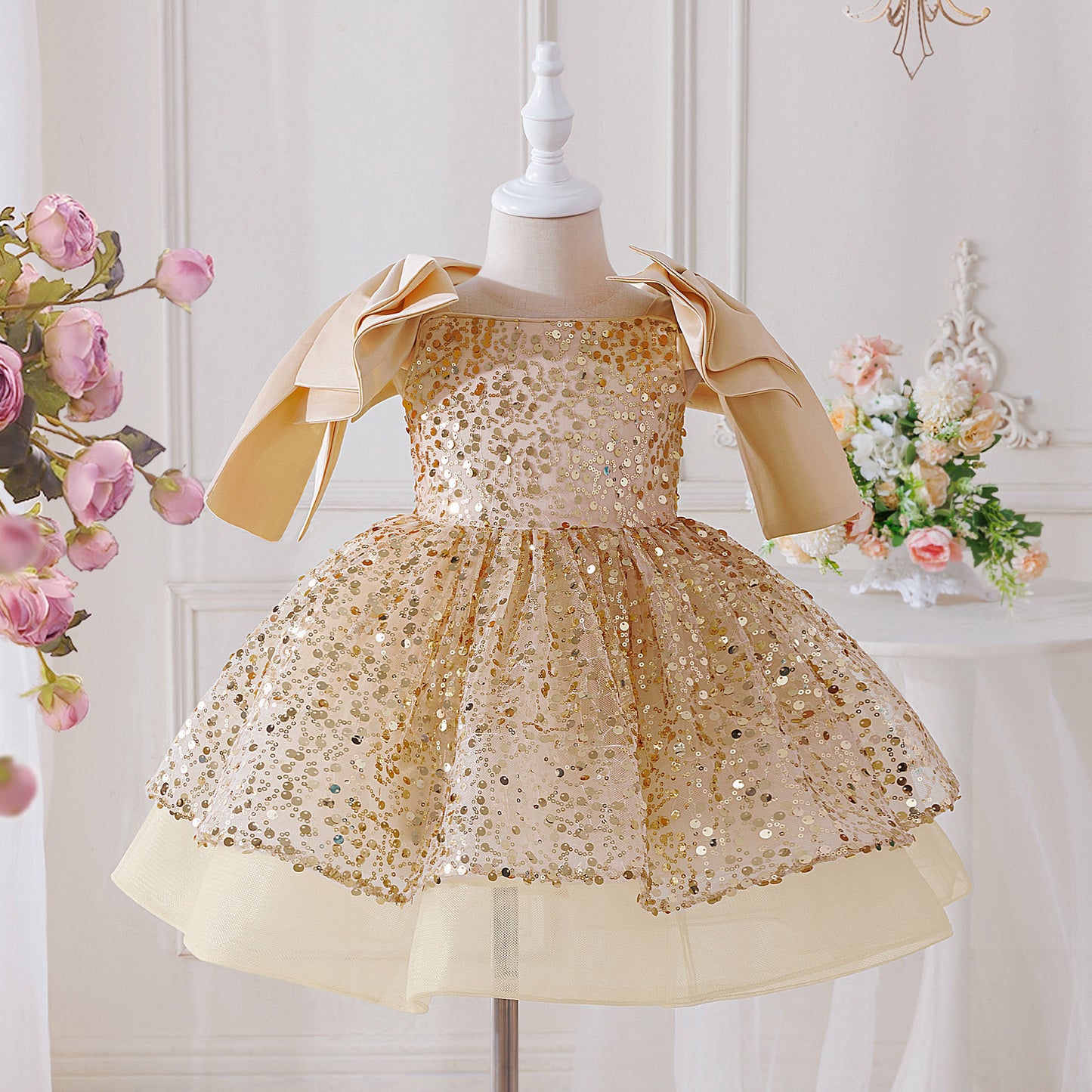 Tea Length Champagne Sequin Princess Dress for Girls – Party & Elegant Flower Girl Outfit