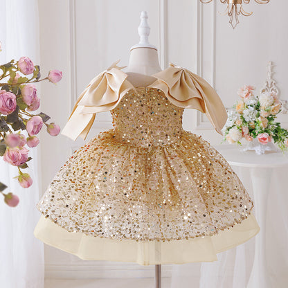Tea Length Champagne Sequin Princess Dress for Girls – Party & Elegant Flower Girl Outfit
