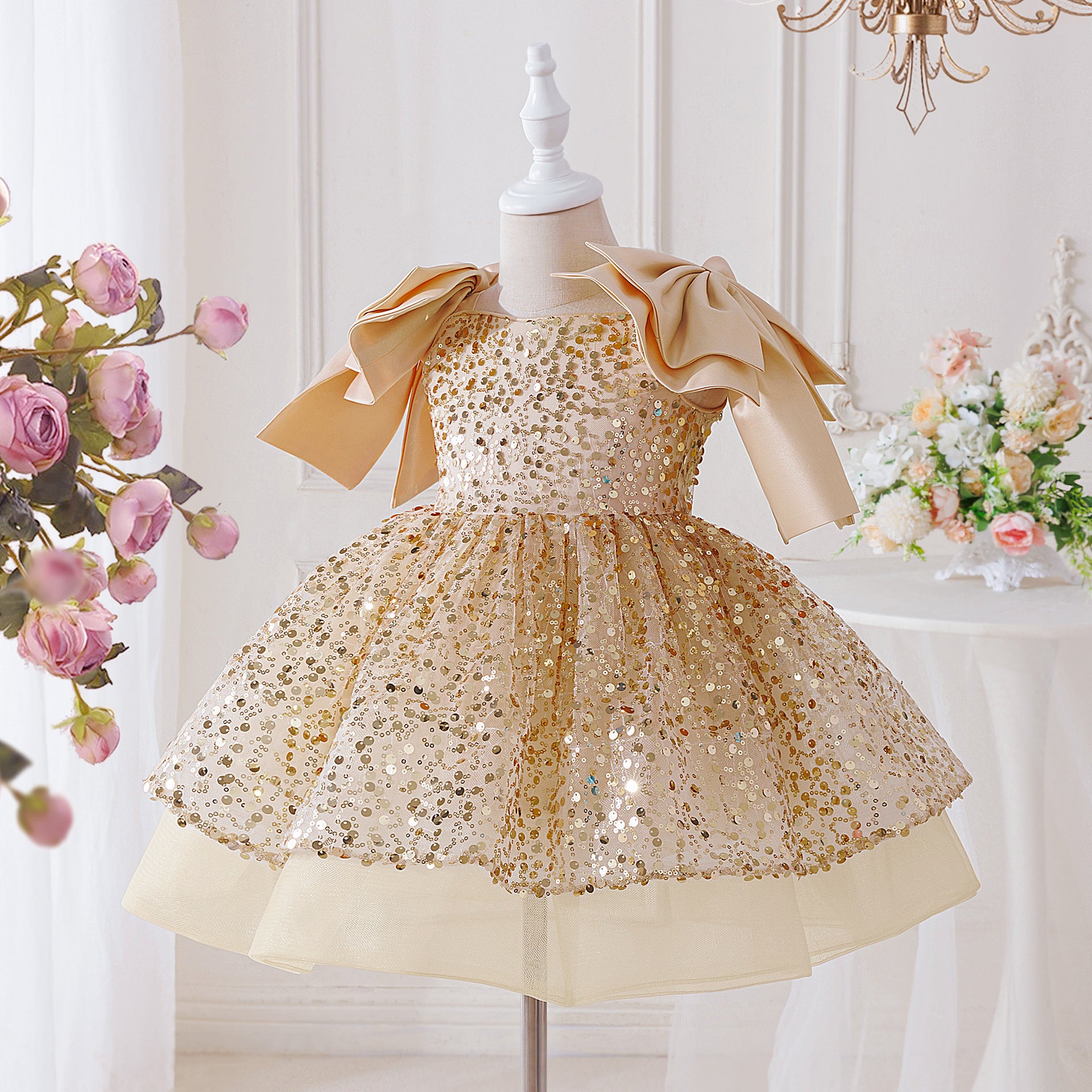 Tea Length Champagne Sequin Princess Dress for Girls – Party & Elegant Flower Girl Outfit