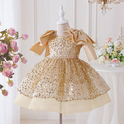 Tea Length Champagne Sequin Princess Dress for Girls – Party & Elegant Flower Girl Outfit