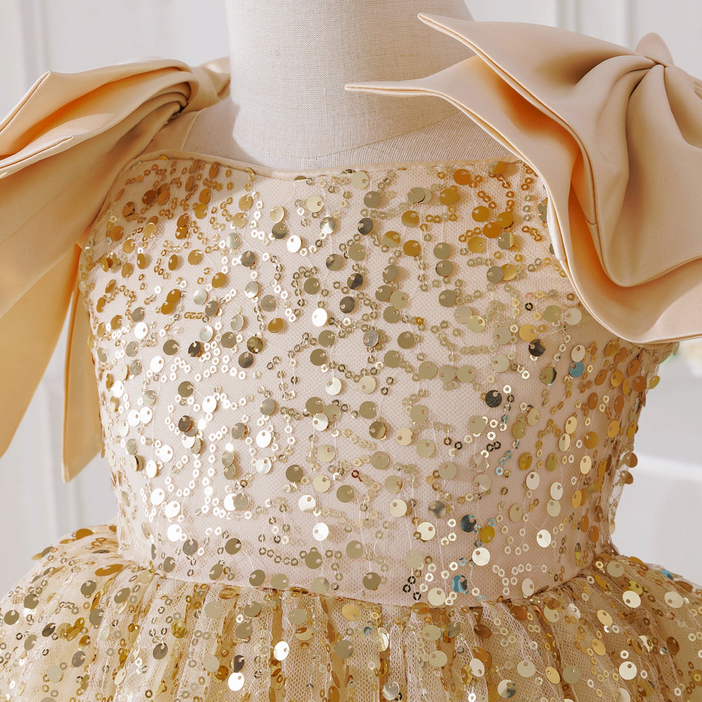 Tea Length Champagne Sequin Princess Dress for Girls – Party & Elegant Flower Girl Outfit