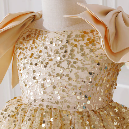 Tea Length Champagne Sequin Princess Dress for Girls – Party & Elegant Flower Girl Outfit
