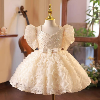 Champagne Sequin Flower Girl Dress – Toddler & Kids Princess A-line Party Dress