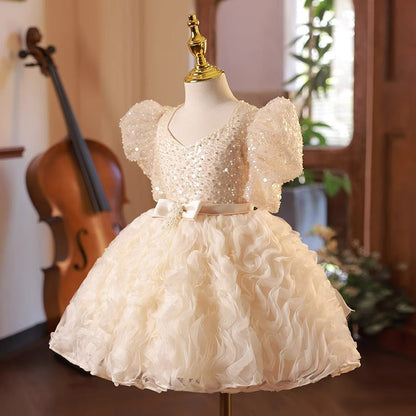 Champagne Sequin Flower Girl Dress – Toddler & Kids Princess A-line Party Dress