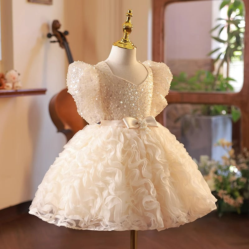 Champagne Sequin Flower Girl Dress – Toddler & Kids Princess A-line Party Dress