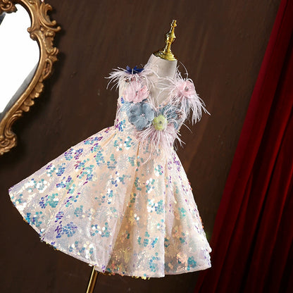Cute Champagne Puffy Sequin Flower Girl Dress for Parties & Weddings