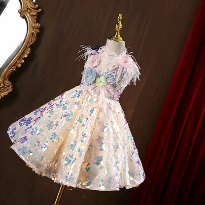 Cute Champagne Puffy Sequin Flower Girl Dress for Parties & Weddings
