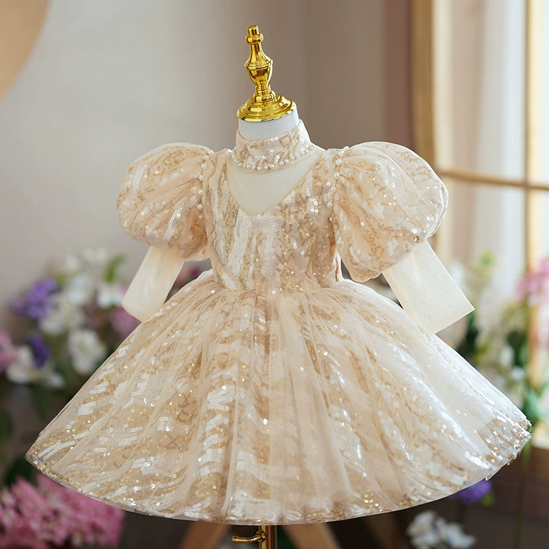 Champagne Sequin Princess Ball Gown Dress for Girls β V-Neck Puffy Flower Girl Dress β FleurKids