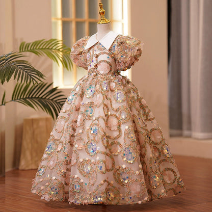 Champagne Sequin Floor-Length Princess Dress for Girls | Flower Girl & Party Gown