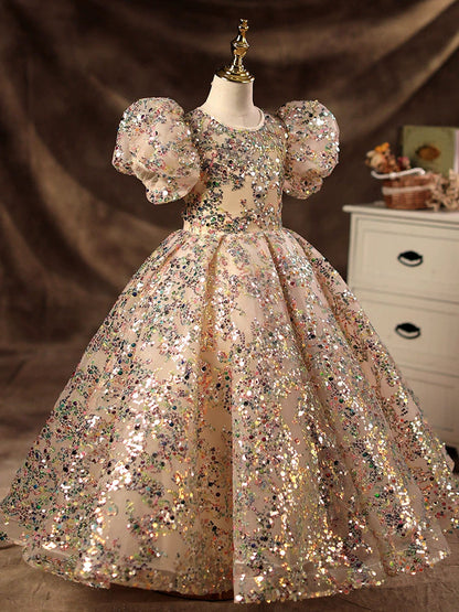 Champagne Princess Sequin Ball Gown Dress for Girls | Puffy Floor Length Flower Girl Dress