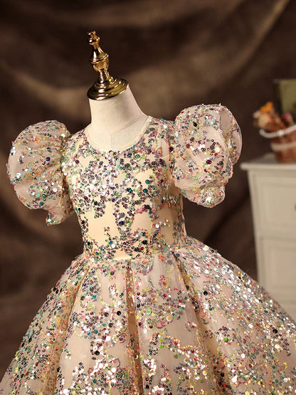 Champagne Princess Sequin Ball Gown Dress for Girls | Puffy Floor Length Flower Girl Dress