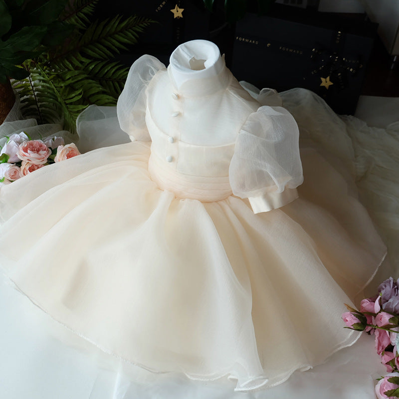 Champagne Tulle A-Line Illusion Flower Girl Dress – Puff Sleeve Princess Party Outfit