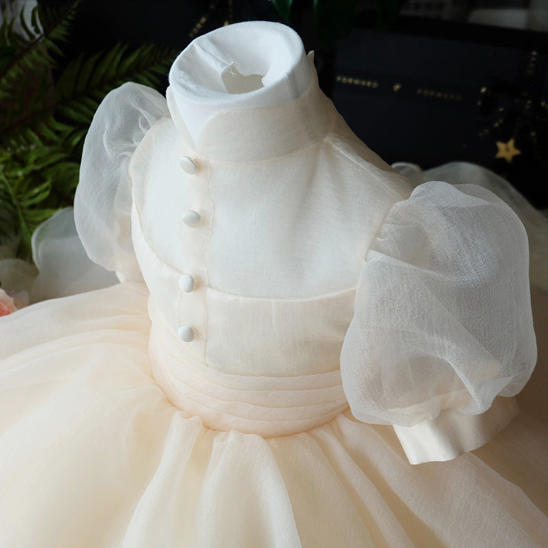 Champagne Tulle A-Line Illusion Flower Girl Dress – Puff Sleeve Princess Party Outfit