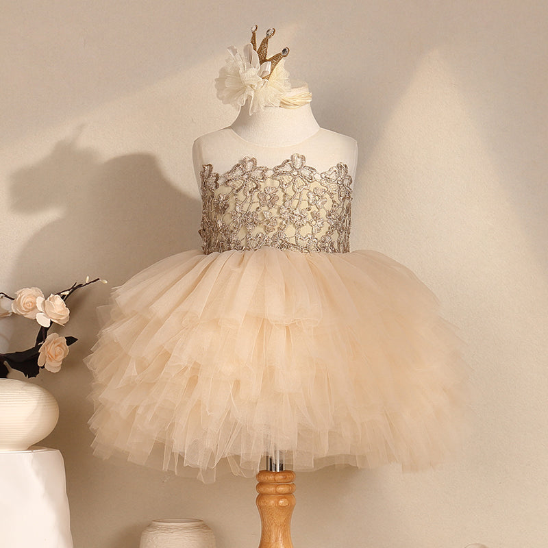 Champagne A-Line Tulle Flower Girl Dress with Lace for Toddlers – Princess Birthday Party Dress