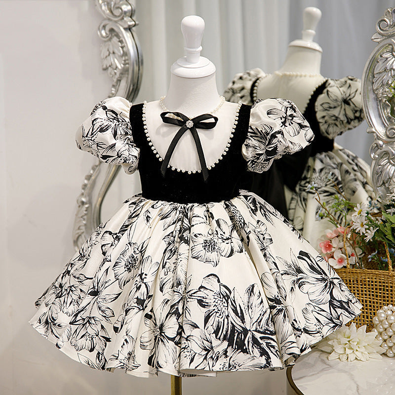Girls' Floral Bow Princess Dress – A-Line Knee-Length Party Outfit