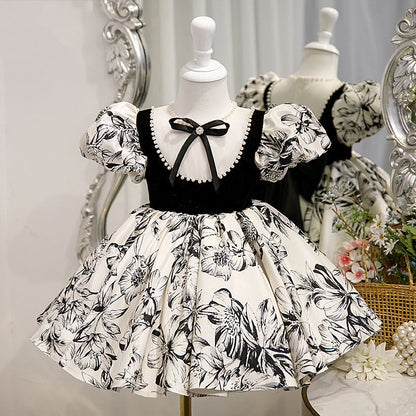 Girls' Floral Bow Princess Dress – A-Line Knee-Length Party Outfit