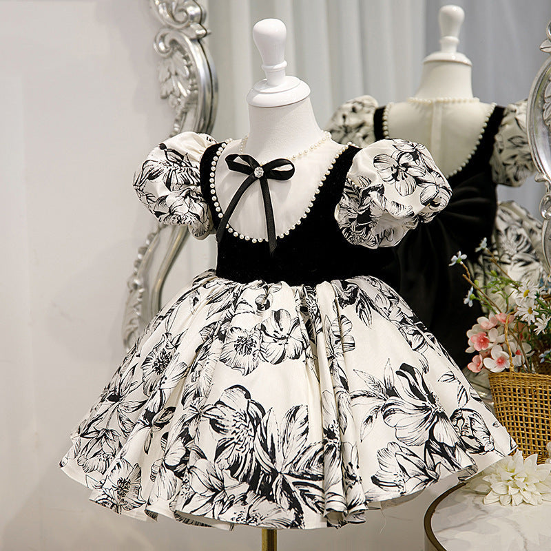 Girls' Floral Bow Princess Dress – A-Line Knee-Length Party Outfit
