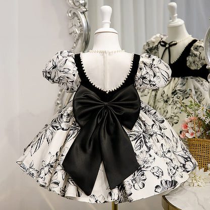 Girls' Floral Bow Princess Dress – A-Line Knee-Length Party Outfit