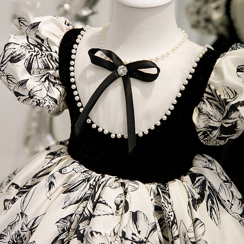 Girls' Floral Bow Princess Dress – A-Line Knee-Length Party Outfit