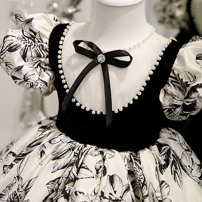 Girls' Floral Bow Princess Dress – A-Line Knee-Length Party Outfit