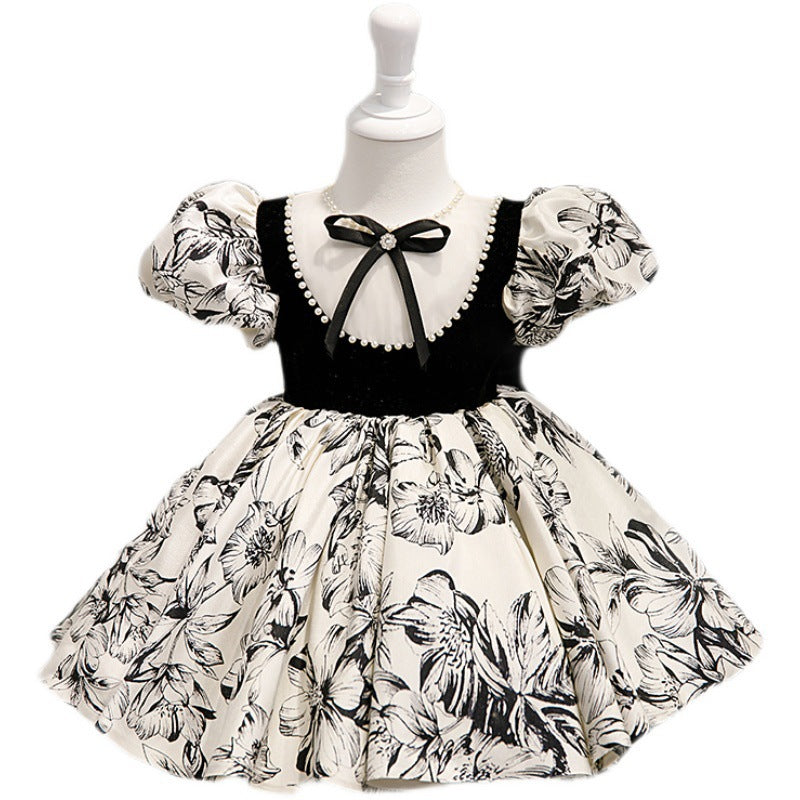 Girls' Floral Bow Princess Dress – A-Line Knee-Length Party Outfit