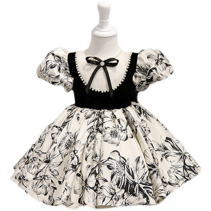 Girls' Floral Bow Princess Dress – A-Line Knee-Length Party Outfit
