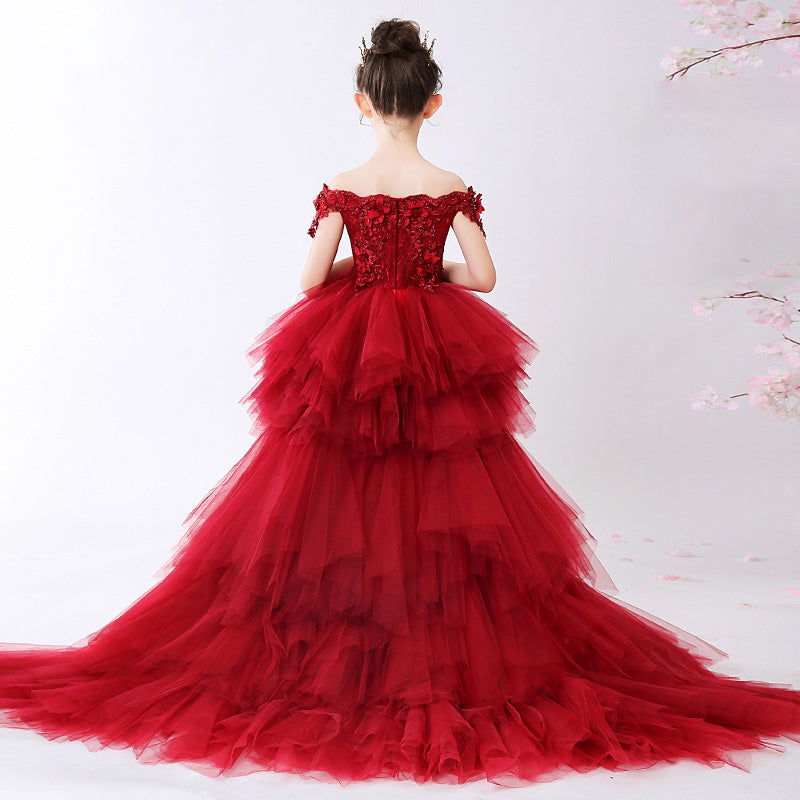 A-Line Off-Shoulder High-Low Princess Dress for Girls – Lace, Tulle, Tiered Skirt | Special Occasion Gown