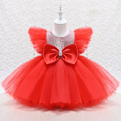 Baby Girl Tulle Party Dress with Sequins & Bow | Cute A-line Knee-Length Dress