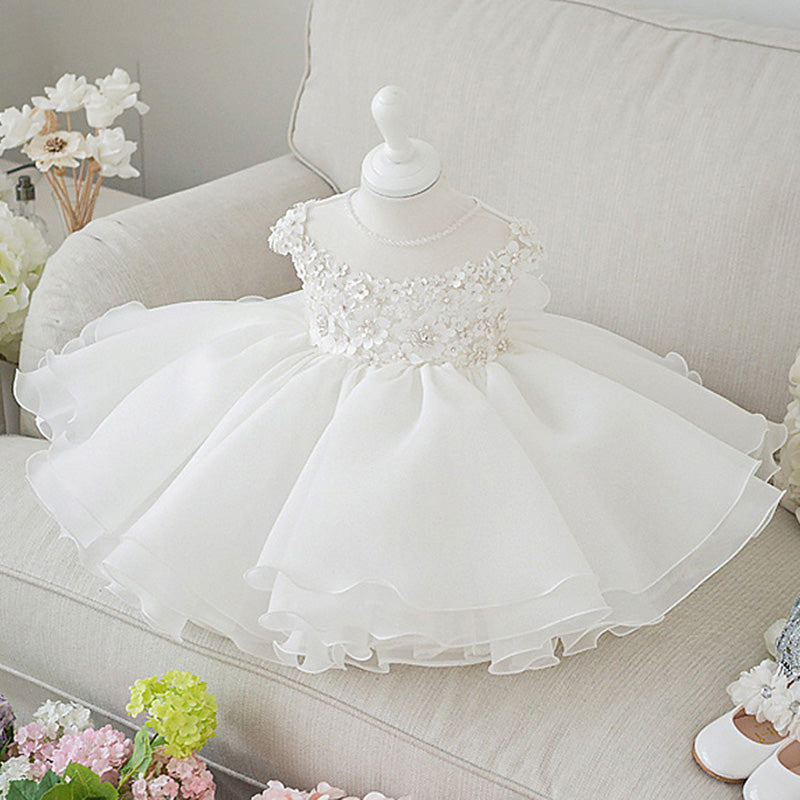 A-Line White Flower Girl Dress with Flowers & Beads – Cute Knee-Length Party Dress for Kids
