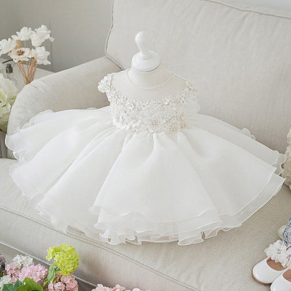 A-Line White Flower Girl Dress with Flowers & Beads – Cute Knee-Length Party Dress for Kids