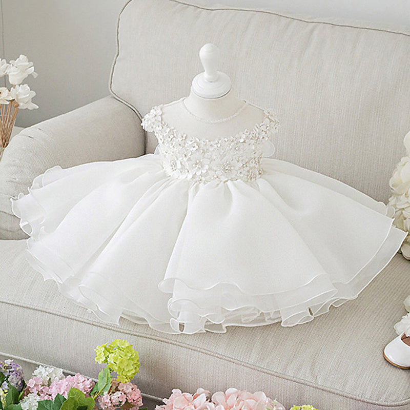 A-Line White Flower Girl Dress with Flowers & Beads – Cute Knee-Length Party Dress for Kids