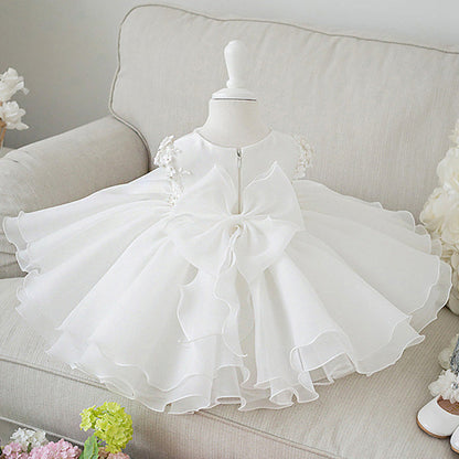 A-Line White Flower Girl Dress with Flowers & Beads – Cute Knee-Length Party Dress for Kids