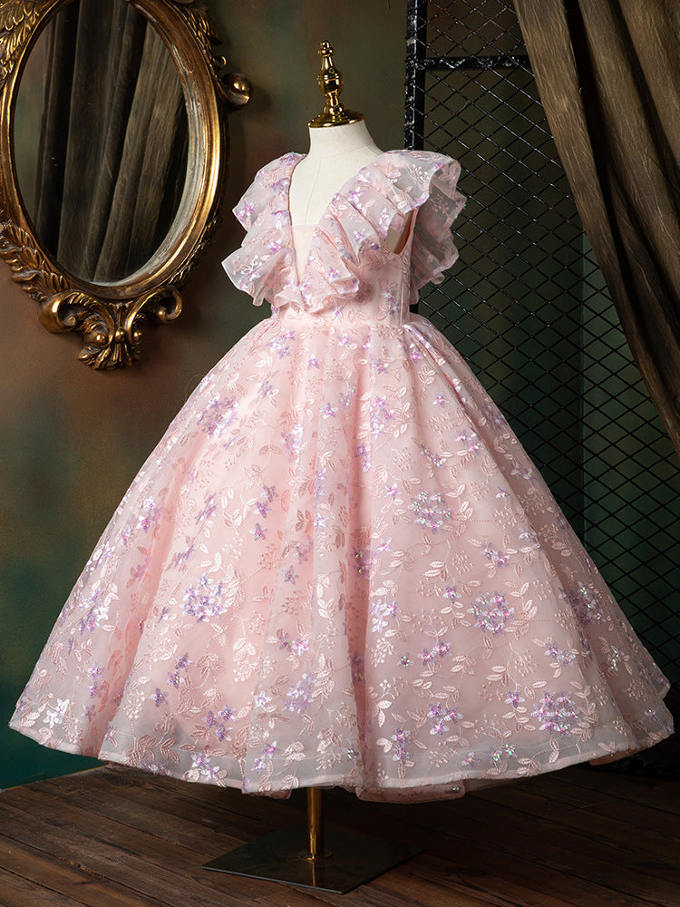 Cute Embroidered Sequin A-Line Maxi Dress for Girls - Pink / 7-8 Years (140cm) - Fleur Kids Cute Embroidered Sequin A-Line Maxi Dress for Girls - Pink / 7-8 Years (140cm) - Fleur Kids