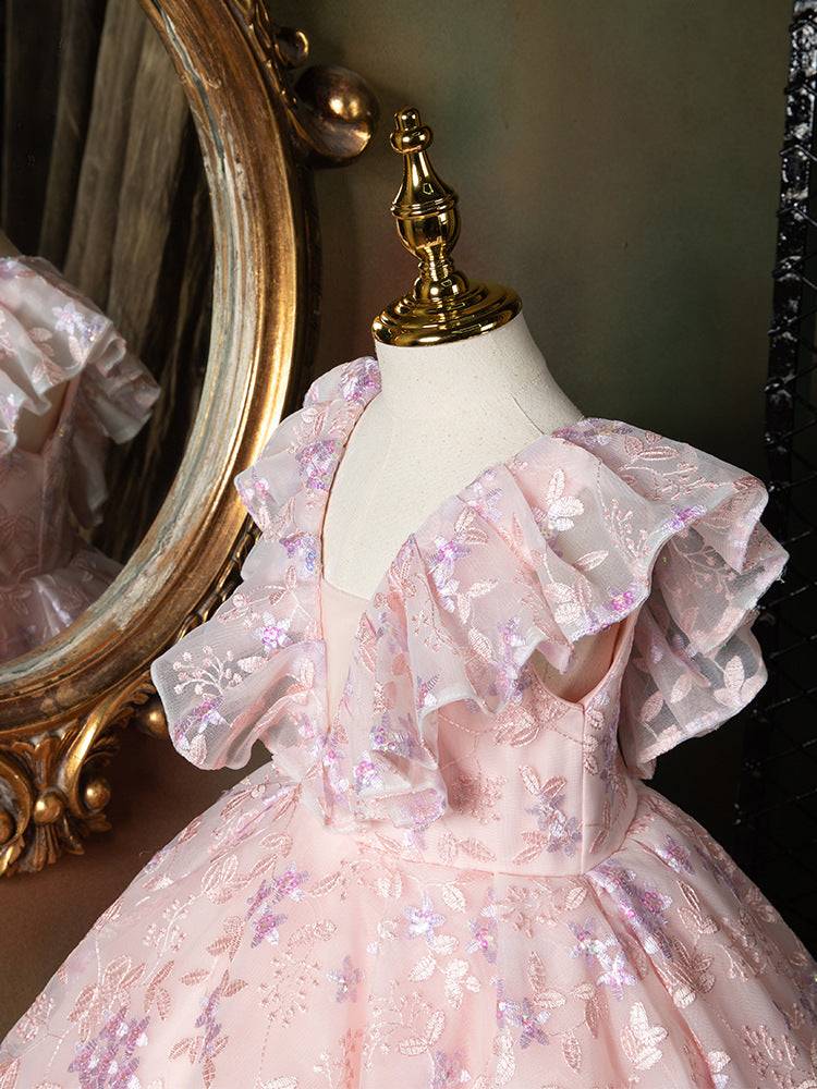 Sequin Embroidered A-Line Maxi Dress for Girls | Pink Princess Formal Gown